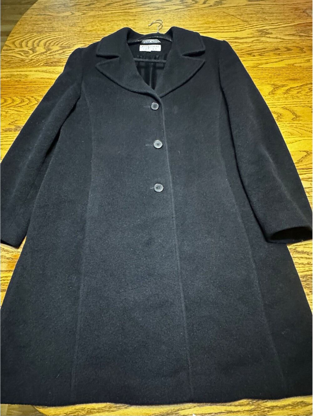 Vintage Larry Levine Womens 12 Black Camel Hair Long Overcoat Button Front Lined